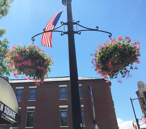 flower baskets and flags