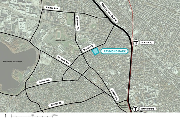 An map of Cambridge showing that Raymond Park is located at 106 Raymond St, at the corner of Raymond St and Walden St.