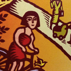 Faux-woodblock graphic of a girl riding a bike