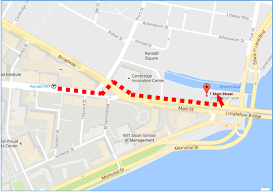 Map showing route from MBTA station to meeting location