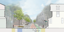 A rendering that shows the cross-section of the new design for River Street. From left to right, there is a sidewalk, a 'flexible zone' for parking/loading or curb extentions, one lane for general purpose traffic, a dedicated bus lane, a sidewalk-level separated bike lane, and a sidewalk.