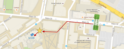 Map showing how to get from Kendall Square MBTA station to Transit Committee room in the Stata Center