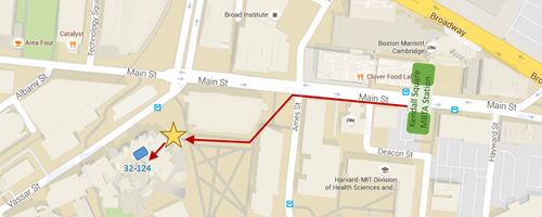 Map showing path from Kendall MBTA Station to Room 32-124
