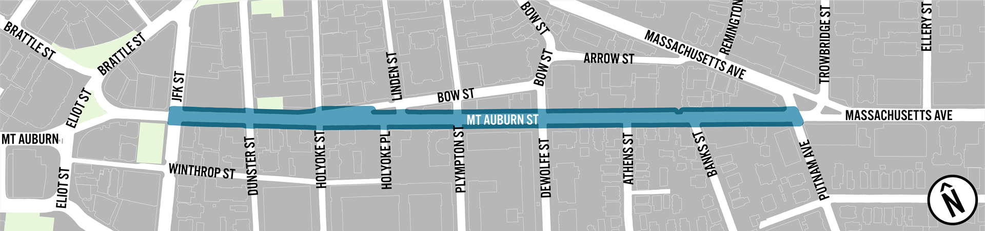 A map of the project area. Mt. Auburn St from JFK to Putnam Ave is highlight.