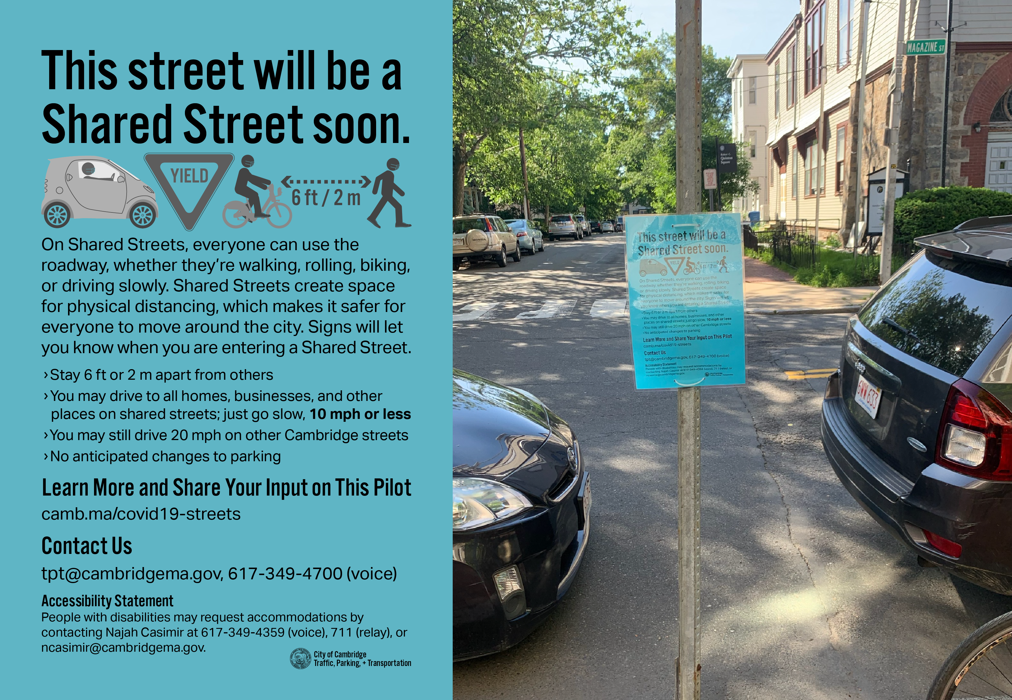 "Shared Streets Coming Soon" and a photo of the sign posted on Magazine St.