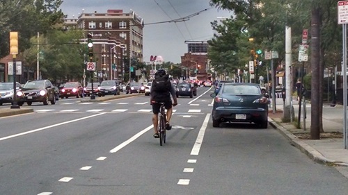 person riding bike in painted bike lane on North Mass Ave.
