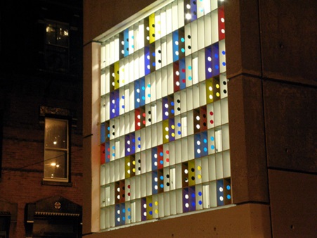 Cloe up photograph of art installation titled Dot Matrix by artist Ed Andrews, located at Pearl Street Garage.