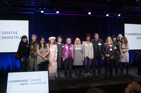 Artists who participated in the 2017 and 2016 Community Supported Art program share the spotlight at the Harvest Party at Google Cambridge, Nov. 1, 2017.