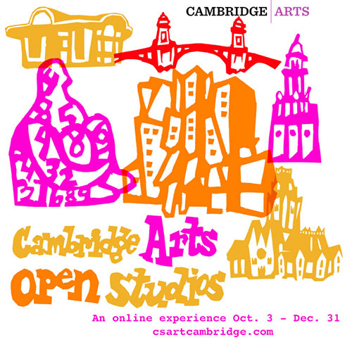 Poster for Cambridge Arts Open Studios, Oct. 3 - Dec. 31, 2020, illustrated with Cambridge landmarks like the Harvard Square Kiosk and Harvard's Memorial Chapel.