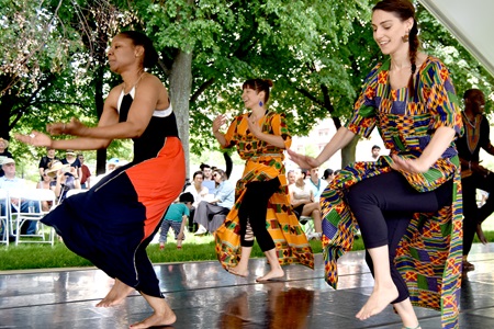 Audience members dance with Pasy Dance Company during the participatory part of their performance at the 2018 River Festival.