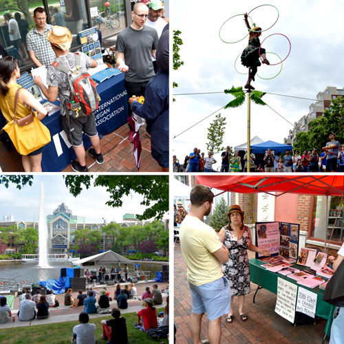 Nonprofits present their programs at Community Tables at the Cambridge Arts River Festival.