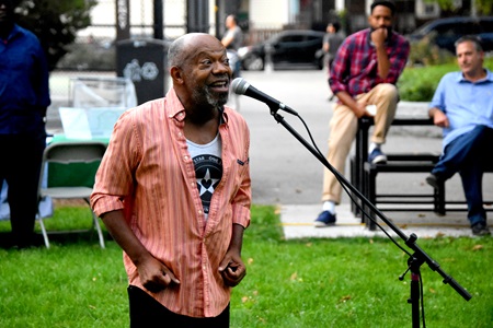 Kemp Harris told stories at Clement Morgan Park on Aug. 27, 2019, for the Community Art Center Movie Night during the Cambridge Art Summer In The City series.