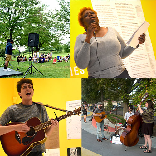 Four photos show a crowd watching a poetry reading in a park; a poet reading; a band playing on a city sidewalk; and a guitarist playing.