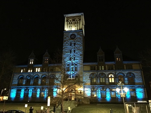 City Hall at Night Lit up in blue