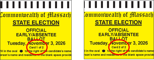 Image of ballot headers with card 1 of 2 and card 2 of 2 circled