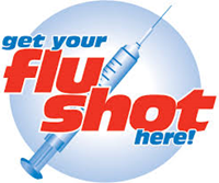 image of needle with get your flue shot here words