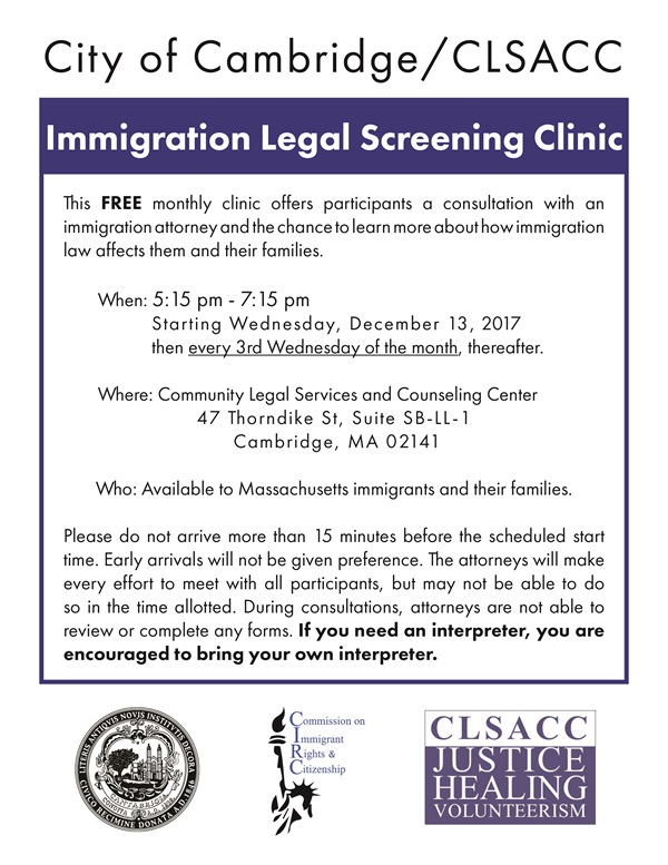 flyer for City of Cambridge/CLSACC Immigration Legal Screening Clinic