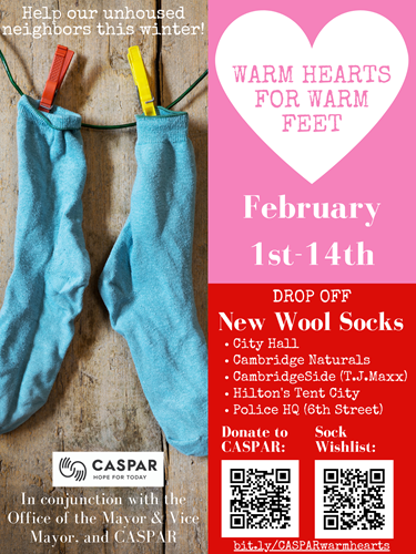 The 6th annual Warm Hearts Warm Feet sock drive in partnership with CASPAR/Bay Cove will run from Wednesday, February 1st to Tuesday, February 14th.