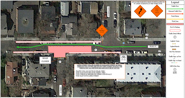 Map of traffic detour on Pearl Street