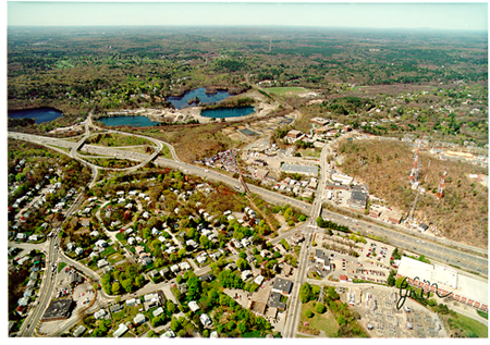 Aerial view of Route 128, old quarry ponds in Weston, and the Stony Brook Reservoir
