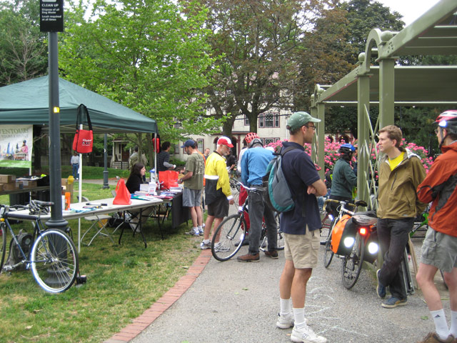 CitySmart event at a Cambridgeport park with lots of people standing near the information table