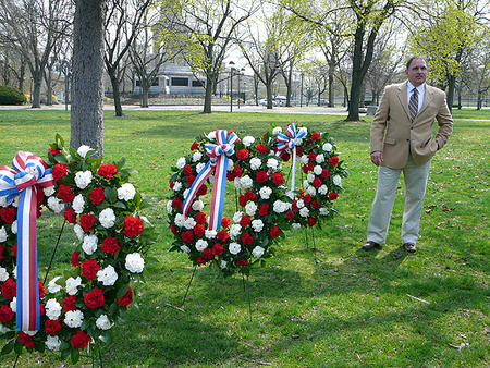 Veterans' Services Deputy Director Steve Vesce with the Patriots' Day wreaths. 