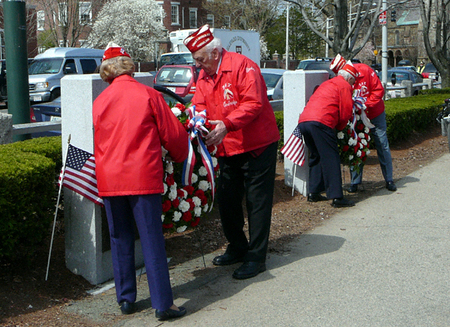 Members of the Cambridge Polish American Veterans and the Cambridge Polish American Veterans Auxiliary place wreaths at the Kosciusko and Pulaski Monuments 