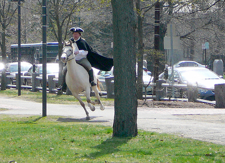 General William Dawes, Jr. (re-enacted by 1st Sgt. Mathew Johnson) arrives on horseback.