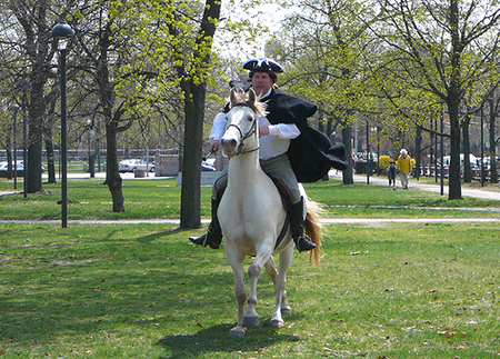 General William Dawes, Jr. (re-enacted by 1st Sgt. Mathew Johnson) arrives on horseback.