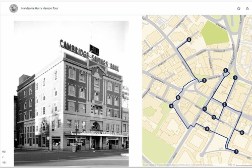 Screenshot of the Handsome Harry Hanson Map Tour showing all the tour locations and an image of an old building
