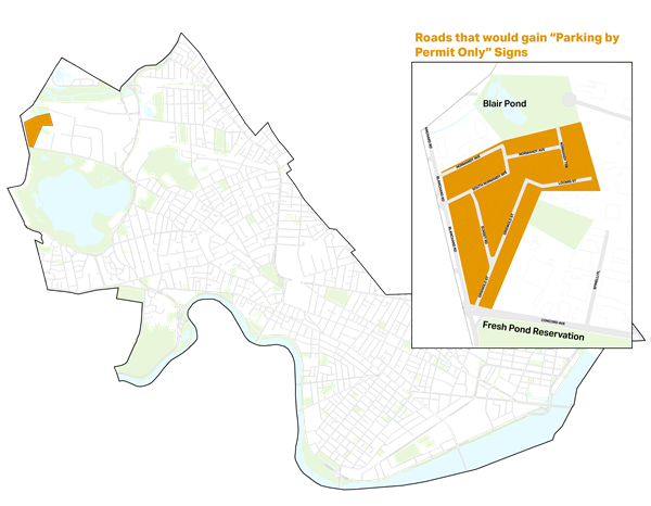 Map of Cambridge, highlighting the Cambridge Highlands area in northwest Cambridge where the Traffic, Parking, and Transportation Department is conducting a resident parking survey. If there is resident support, the City will add parking by permit only signs to Normandy Avenue, South Normandy Avenue, Normandy Terrace, Griswold Street, Sunset Road, and Loomis Street.