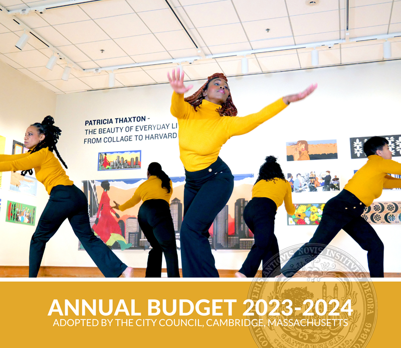 Image from the cover of the FY24 Adopted Budget Book showing a group of people dancing in yellow tops and dark pants