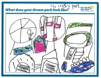 A young person's colorful drawing of a dream park with amusement rides.