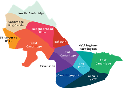 A map of Cambridge's 13 neighborhoods. Each neighborhood is a different bright color.