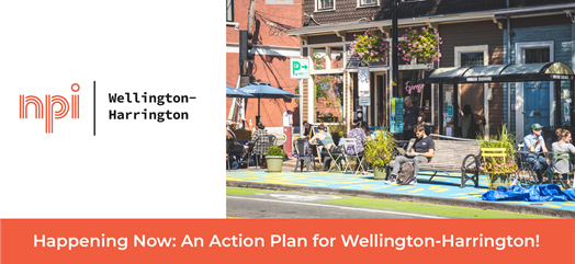 Left side: White background with text that reads, "NPI Wellington-Harrington". Right side: A photo of a streetscape. People sit on benches, tables, and chairs on a plaza in front of a corner coffee shop.