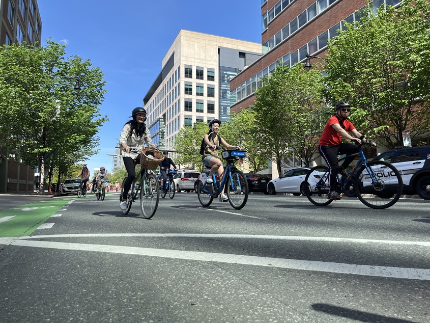 Three people ride bikes down the middle of the street. One person is riding a bike share bike. Other bikers are in the background.