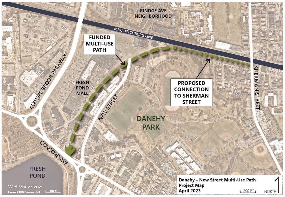 This is a map showing the extents of the multi-use path corridor design and construction project. The corridor begins at Concord Ave, travels between New Street and Fresh Pond Mall, and ends near Danehy Park.