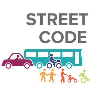 Street Code graphic showing car, bus, bicycle and pedestrians