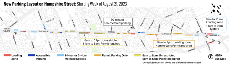 Map shows parking layout on Hampshire Street beginning August 21, 2023. Includes loading zones, accessible parking, 1 and 2-hour metered spaces, 30 minute non-metered parking, permit parking only spaces, and spaces that are part-time unrestricted, part-time permit required.