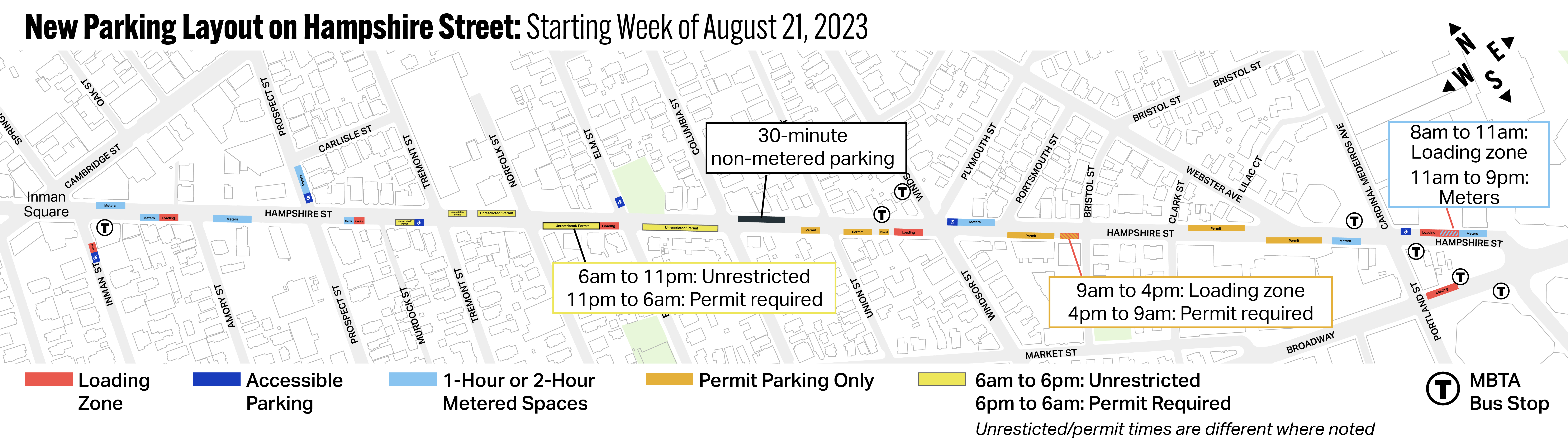 Map shows parking layout on Hampshire Street beginning August 21, 2023. Includes loading zones, accessible parking, 1 and 2-hour metered spaces, 30 minute non-metered parking, permit parking only spaces, and spaces that are part-time unrestricted, part-time permit required.