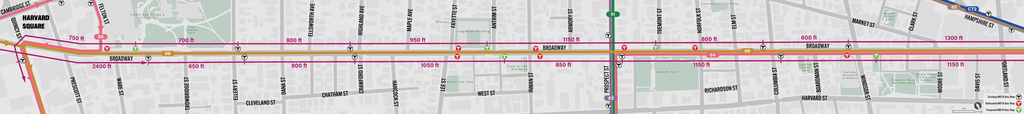 Map of bus stop locations proposed for Broadway