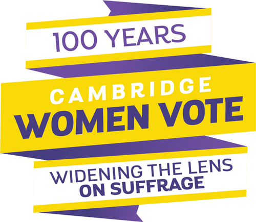 Graphic logo of the Cambridge 19th Amendment Centennial Committee that reads "100 years; Cambridge Women Vote; Widening the lens on Suffrage"