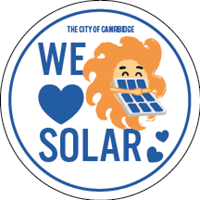 Cartoon sun hugging a solar panel next to the words we heart solar