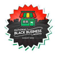 National Black Business Month Seal vector drawing of green storefront against black cityscape and red sky.