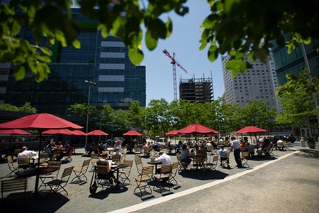 Outdoor dining space in Kendall Square