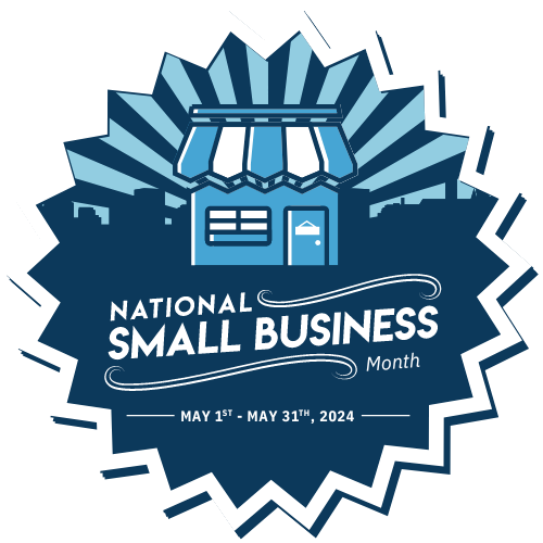 In the image of a medallion with varying shades of blue, sits the image of a storefront with the words "National Small Business Month May 1 - May 31, 2024"