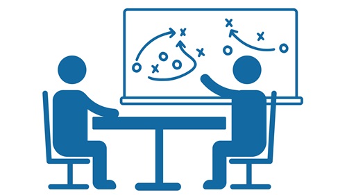 Graphic of two stick images sitting down and talking in front of a chalkboard