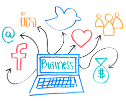 Image of a computer with the word business on it and social media icons