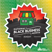National Black Business Month Seal Timeless a colorful storefront set against a black cityscape scene with the words National Black Business Month August