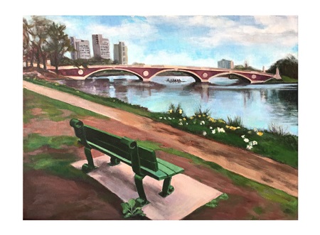 painting shows an empty green bench along the banks of the Charles River overlooking a bridge and rowers on the river.
